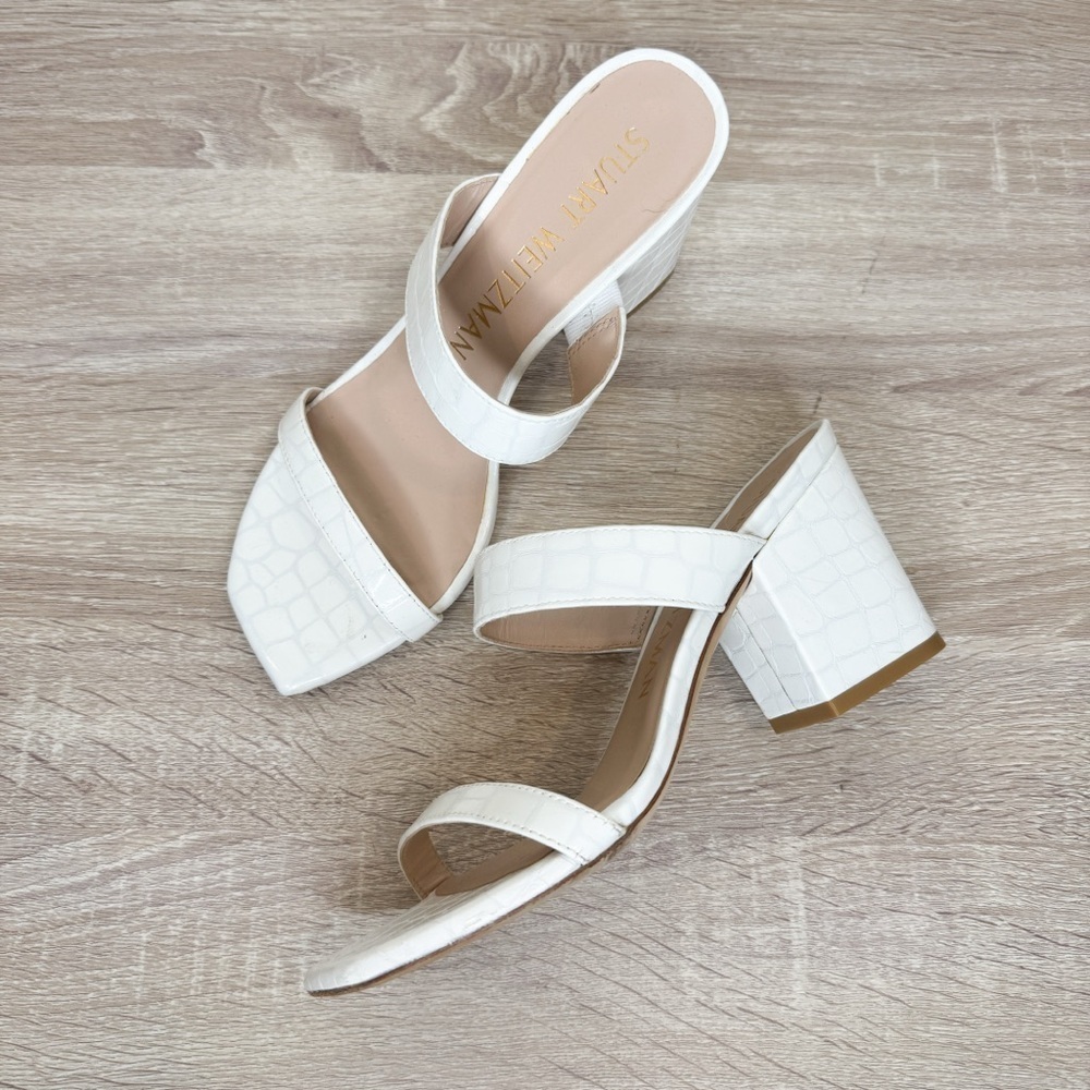 Stuart Weitzman White Croc-Embossed Block Heels Sandals Size 8